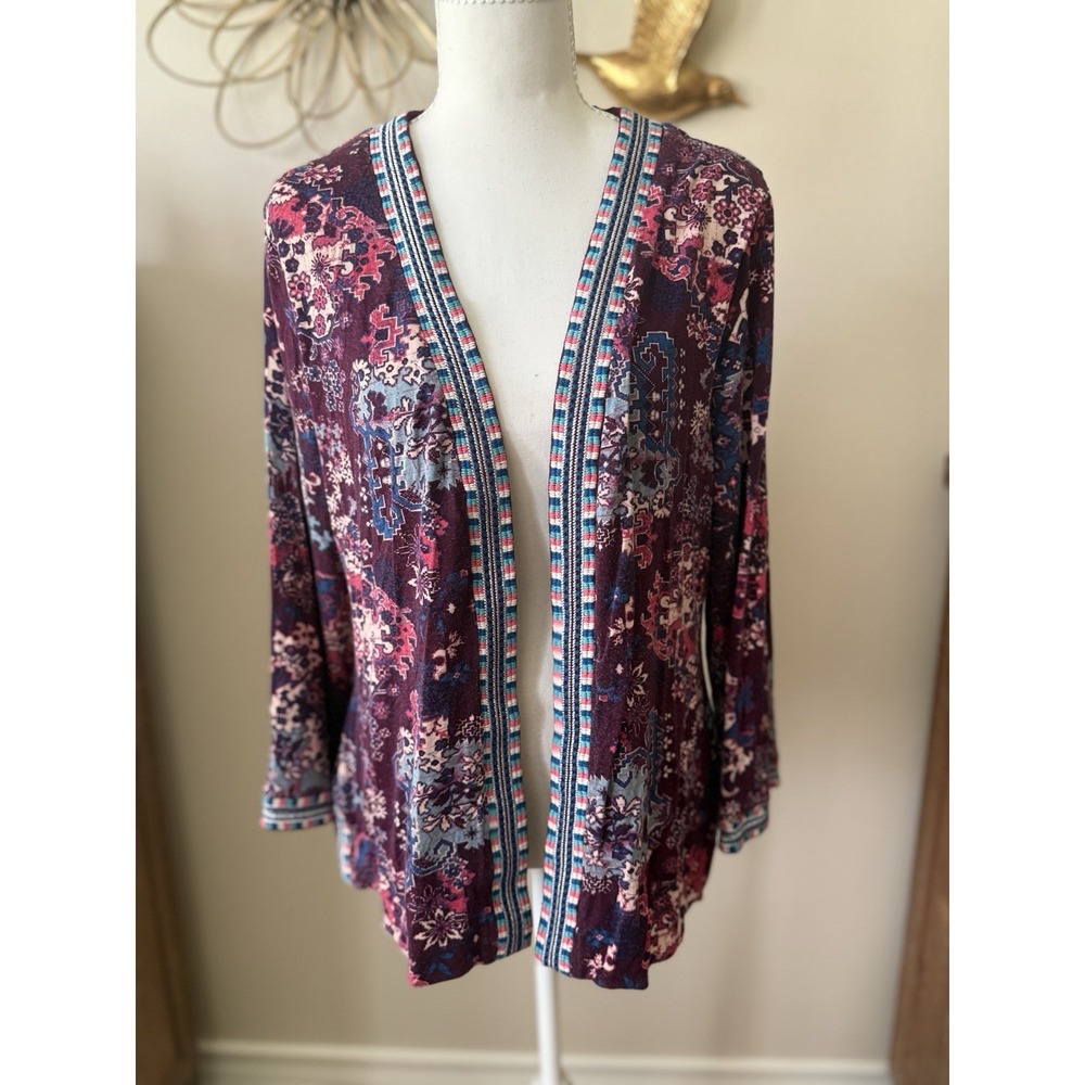 Monsoon L Open Front Cardigan Boho Embroidered Trim Duster Plum Purple Large